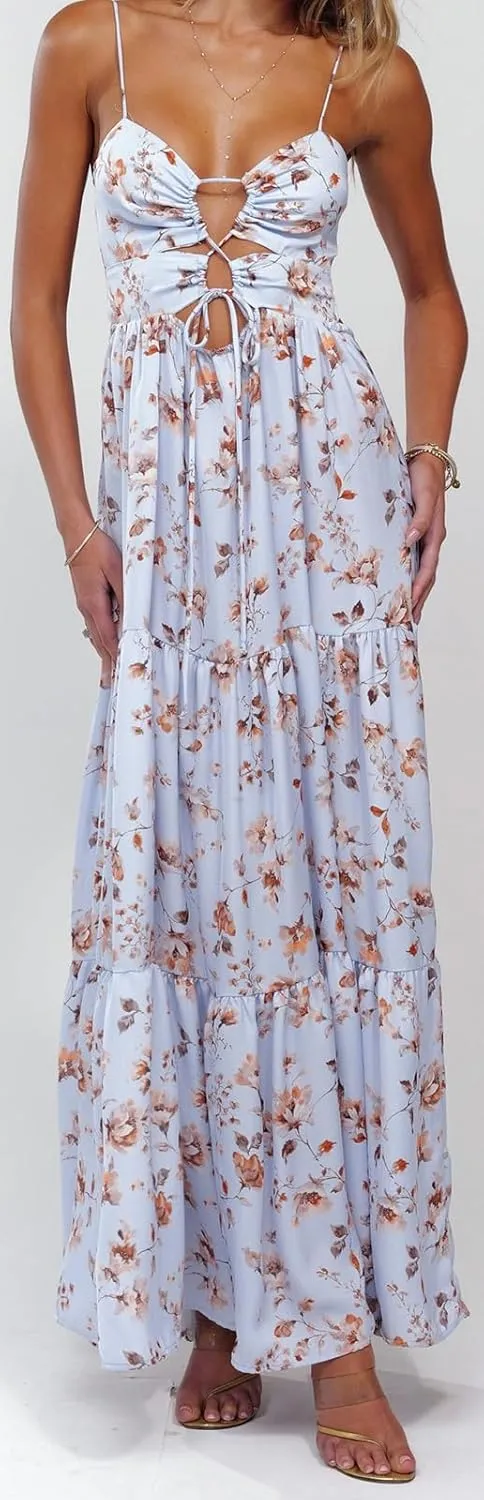 Women Y2k Floral Summer Casual Sleeveless Maxi Dresses Sexy Backless Bodycon Dresses Spaghetti Strap Long Dresses