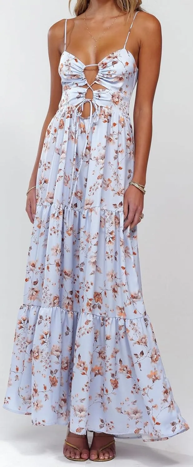 Women Y2k Floral Summer Casual Sleeveless Maxi Dresses Sexy Backless Bodycon Dresses Spaghetti Strap Long Dresses