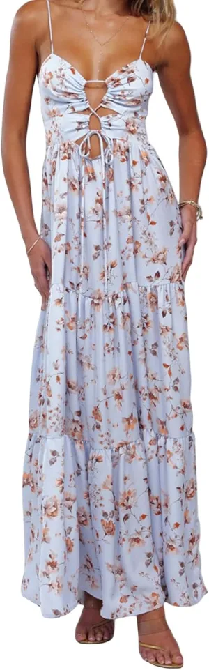 Women Y2k Floral Summer Casual Sleeveless Maxi Dresses Sexy Backless Bodycon Dresses Spaghetti Strap Long Dresses