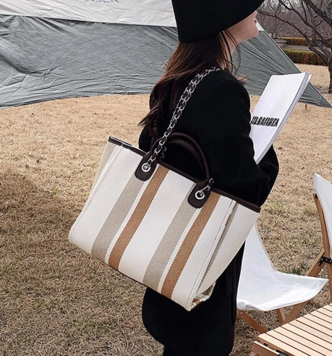 Women's Canvas Totes Chain Handbag Shoulder Crossbody Stripe Bag Beach Vacation Large Capacity Versatile Hobo Top Handle