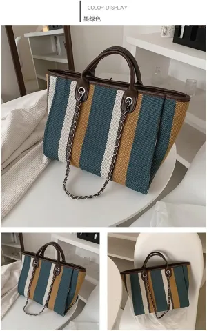 Women's Canvas Totes Chain Handbag Shoulder Crossbody Stripe Bag Beach Vacation Large Capacity Versatile Hobo Top Handle