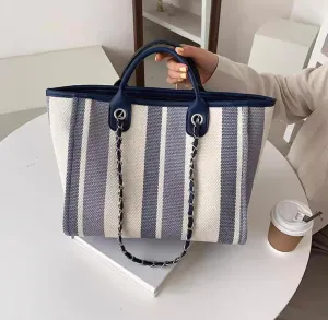 Women's Canvas Totes Chain Handbag Shoulder Crossbody Stripe Bag Beach Vacation Large Capacity Versatile Hobo Top Handle