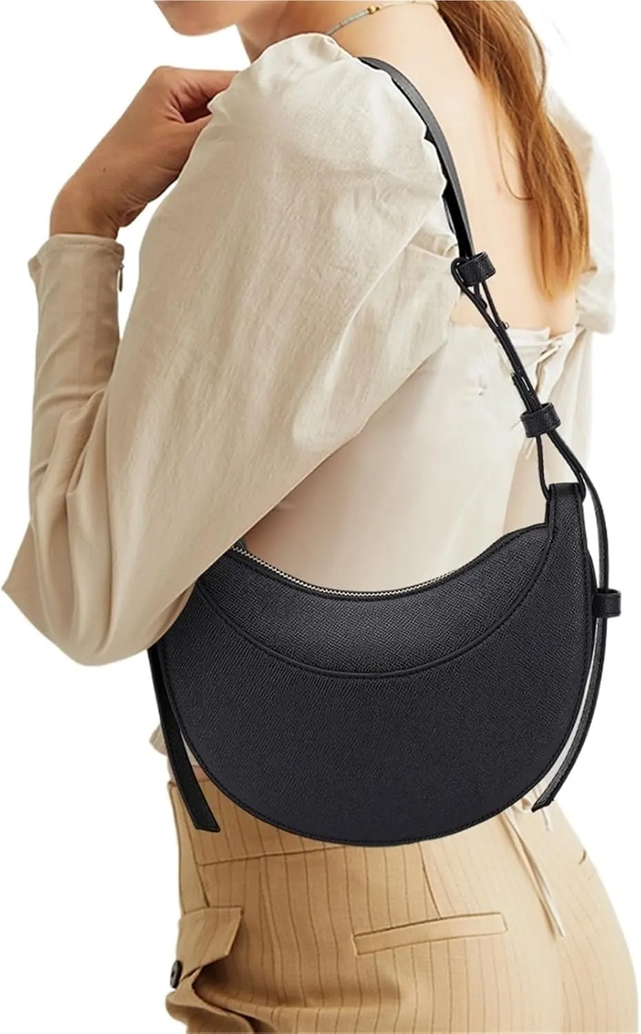 Womens PU Leather Crescent Shoulder Bag  Large Capacity Casual Hobo Saddle Tote(Black)