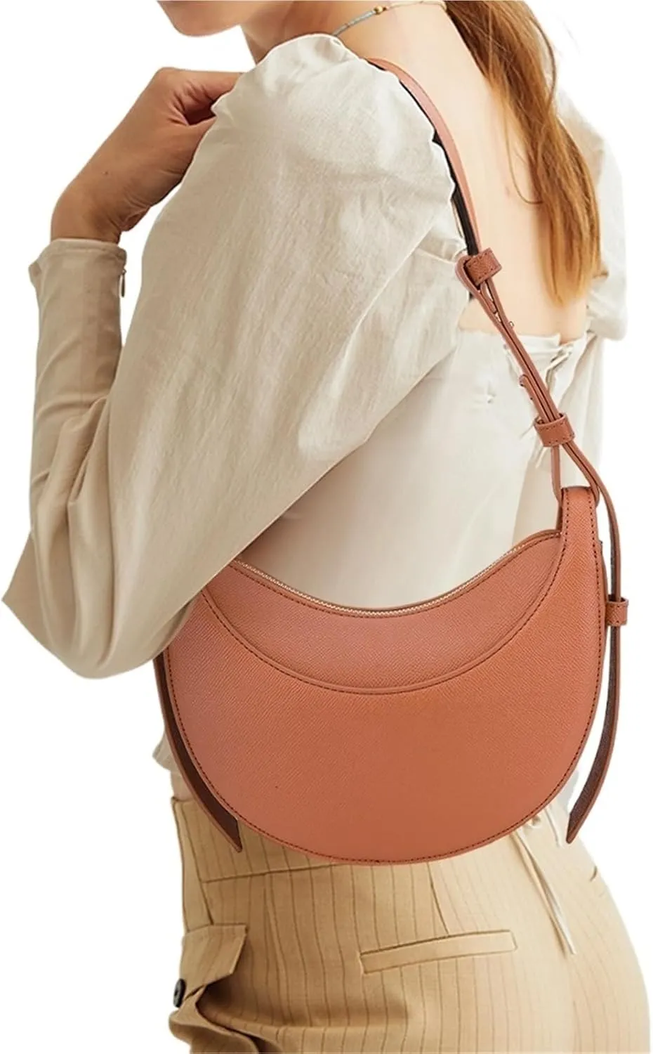 Womens PU Leather Crescent Shoulder Bag  Large Capacity Casual Hobo Saddle Tote(Brown)