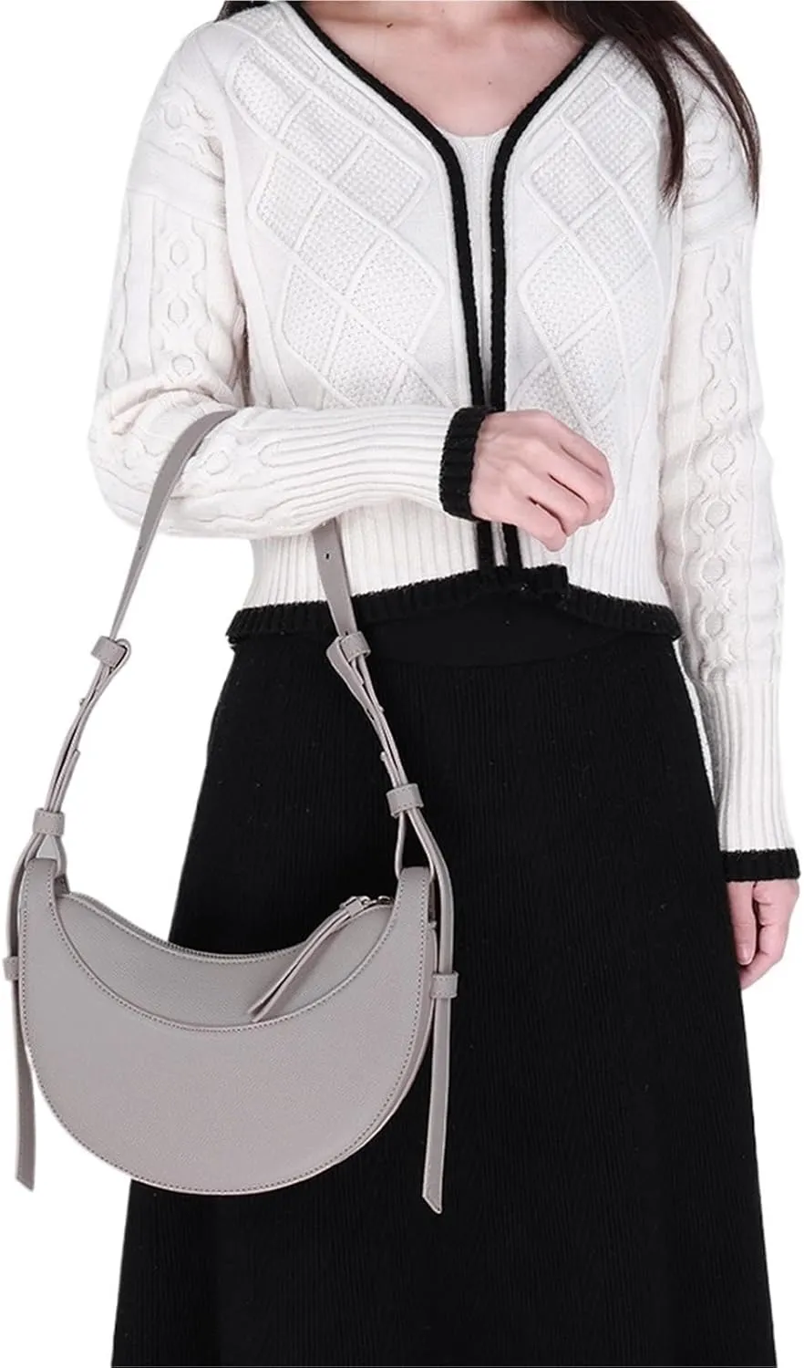 Womens PU Leather Crescent Shoulder Bag  Large Capacity Casual Hobo Saddle Tote(Gray)