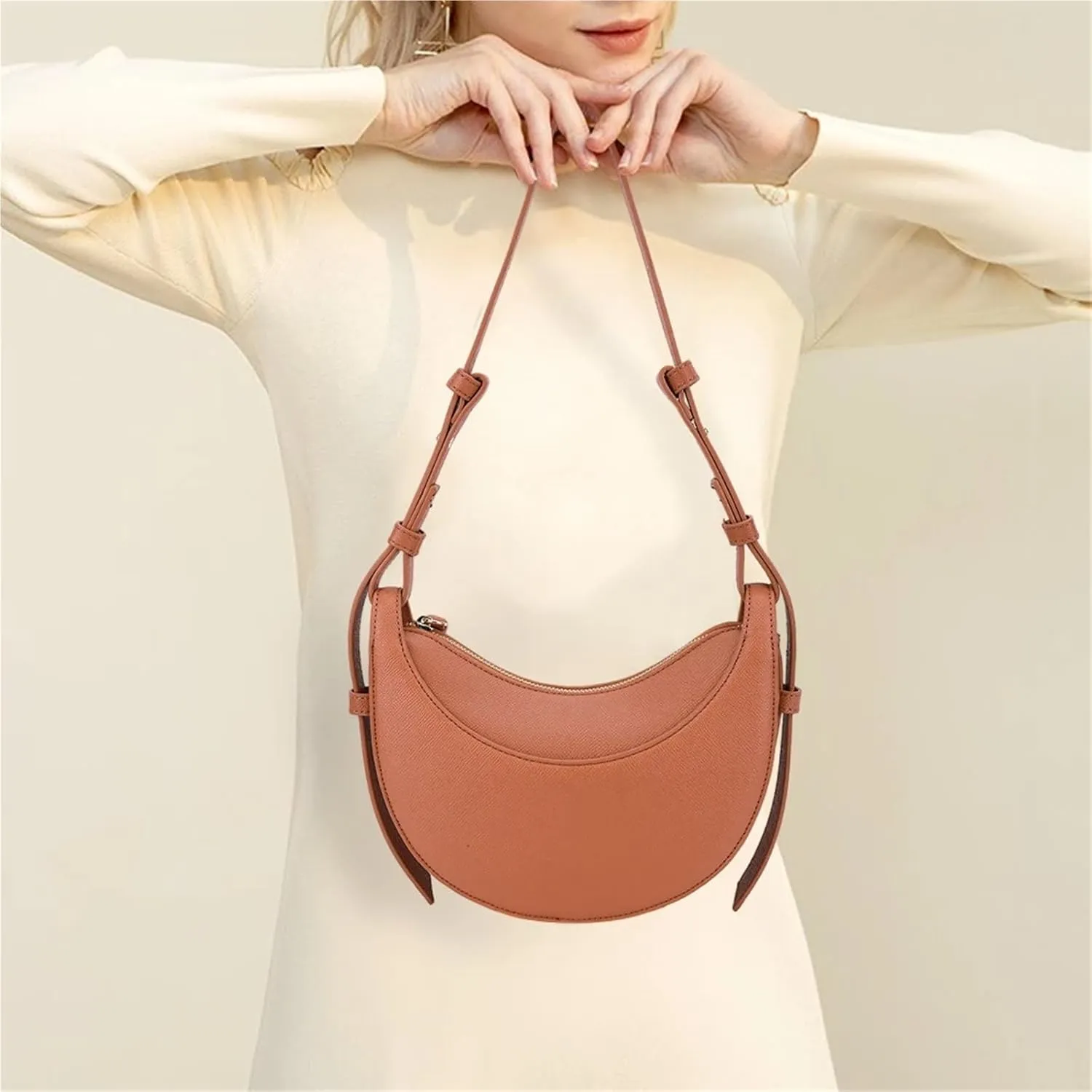 Womens PU Leather Crescent Shoulder Bag  Large Capacity Casual Hobo Saddle Tote(Red)