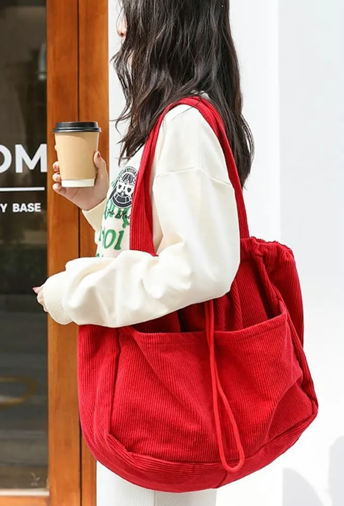 Women's Quilted Hobo Bag Corduroy Shoulder Purse Drawstring Canvas Handbag Large Totes Work Top Handle Bag