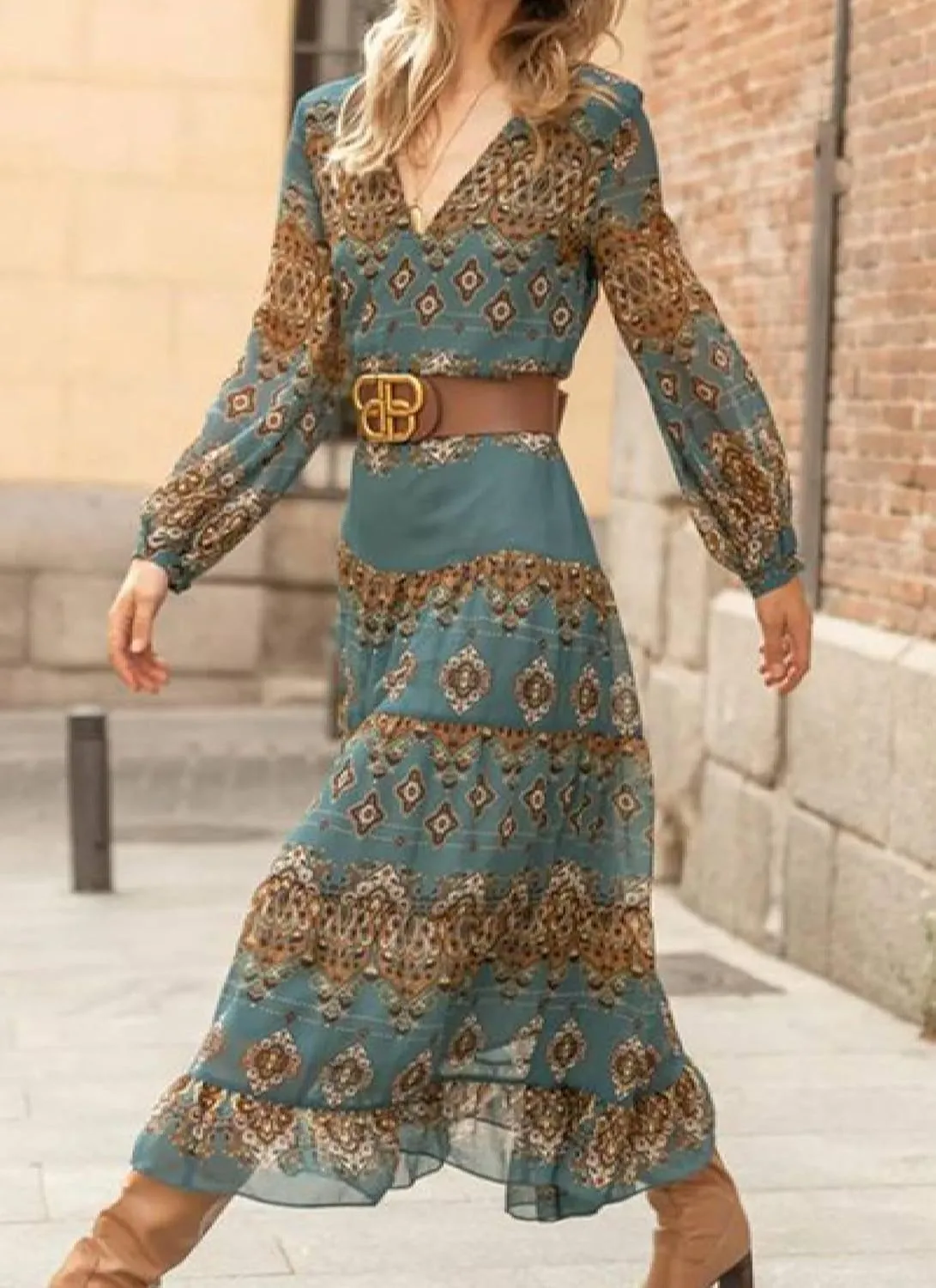 Women's Retro Geometric Print Midi Dresses 2025 Spring Autumn Bohemian V-Neck Long Sleeve Flowy A-Line Dress