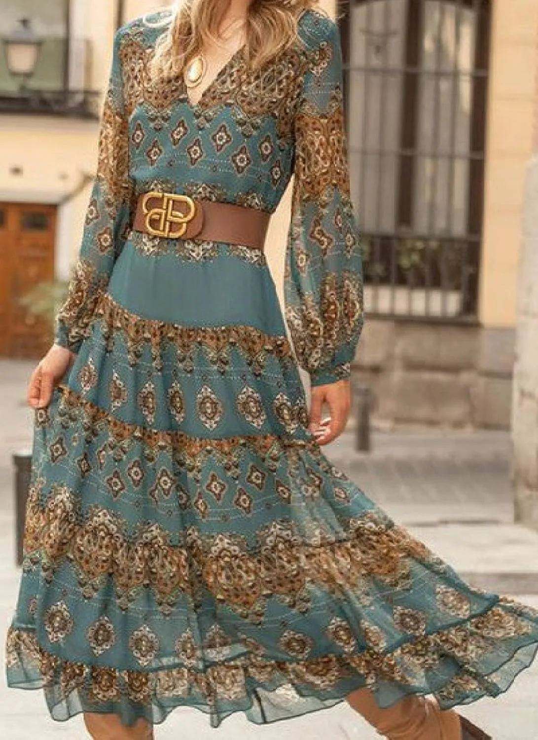 Women's Retro Geometric Print Midi Dresses 2025 Spring Autumn Bohemian V-Neck Long Sleeve Flowy A-Line Dress