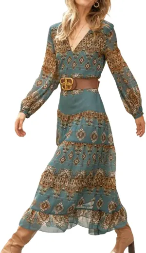 Women's Retro Geometric Print Midi Dresses 2025 Spring Autumn Bohemian V-Neck Long Sleeve Flowy A-Line Dress