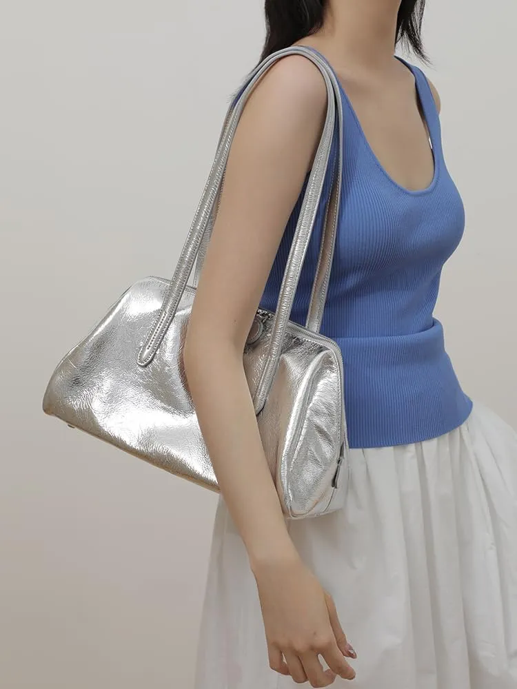 Women's Retro Leather Large Capacity Shoulder Underarm Bag Handbag Commuting Totes Pillow Bowling Bag Versatile Clutch Hobo