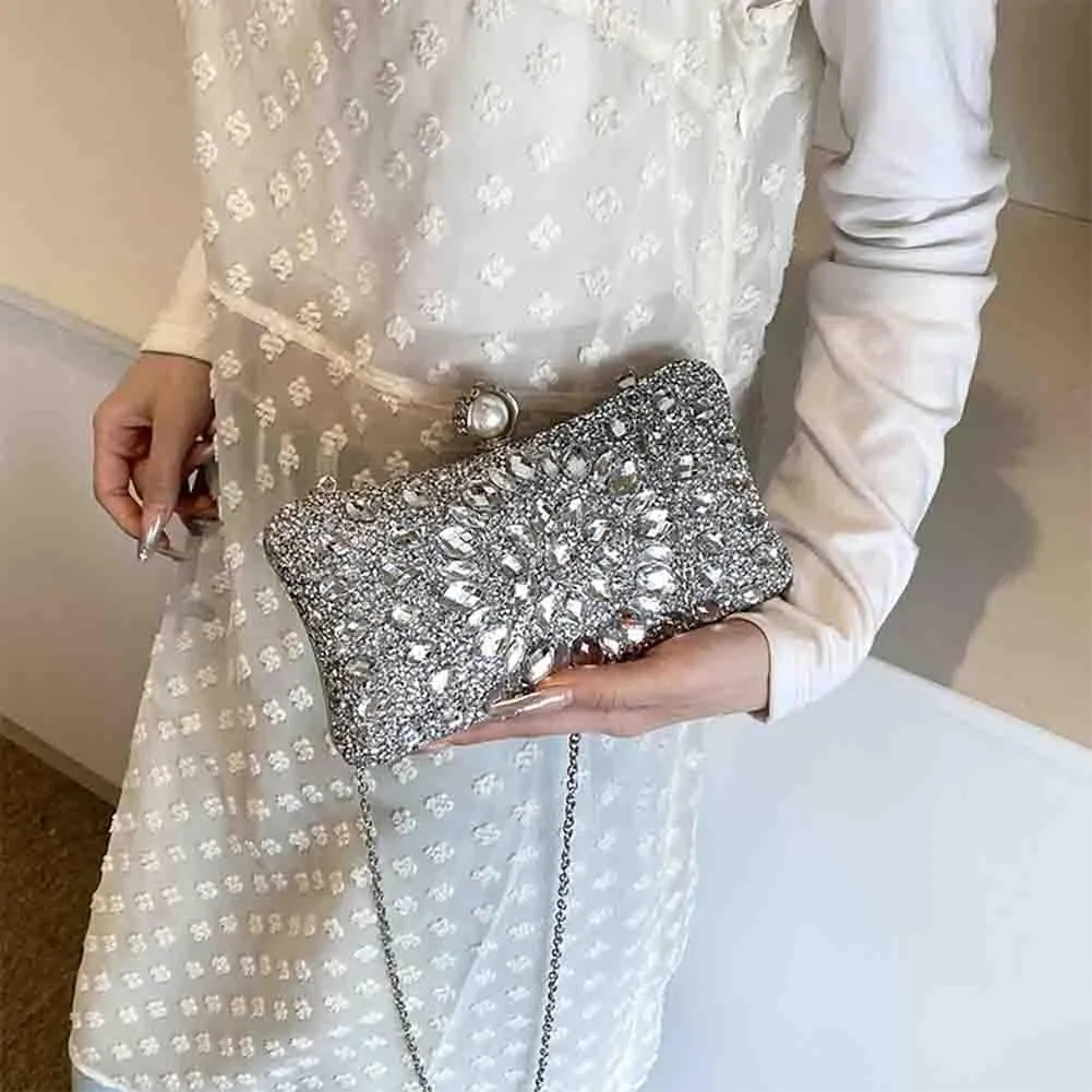 Women's Sparkly Rhinestone Crystal Clutch, Luxury Jewelry Chain Crossbody Bag, Glitter Diamond Wedding Purse for Party Prom