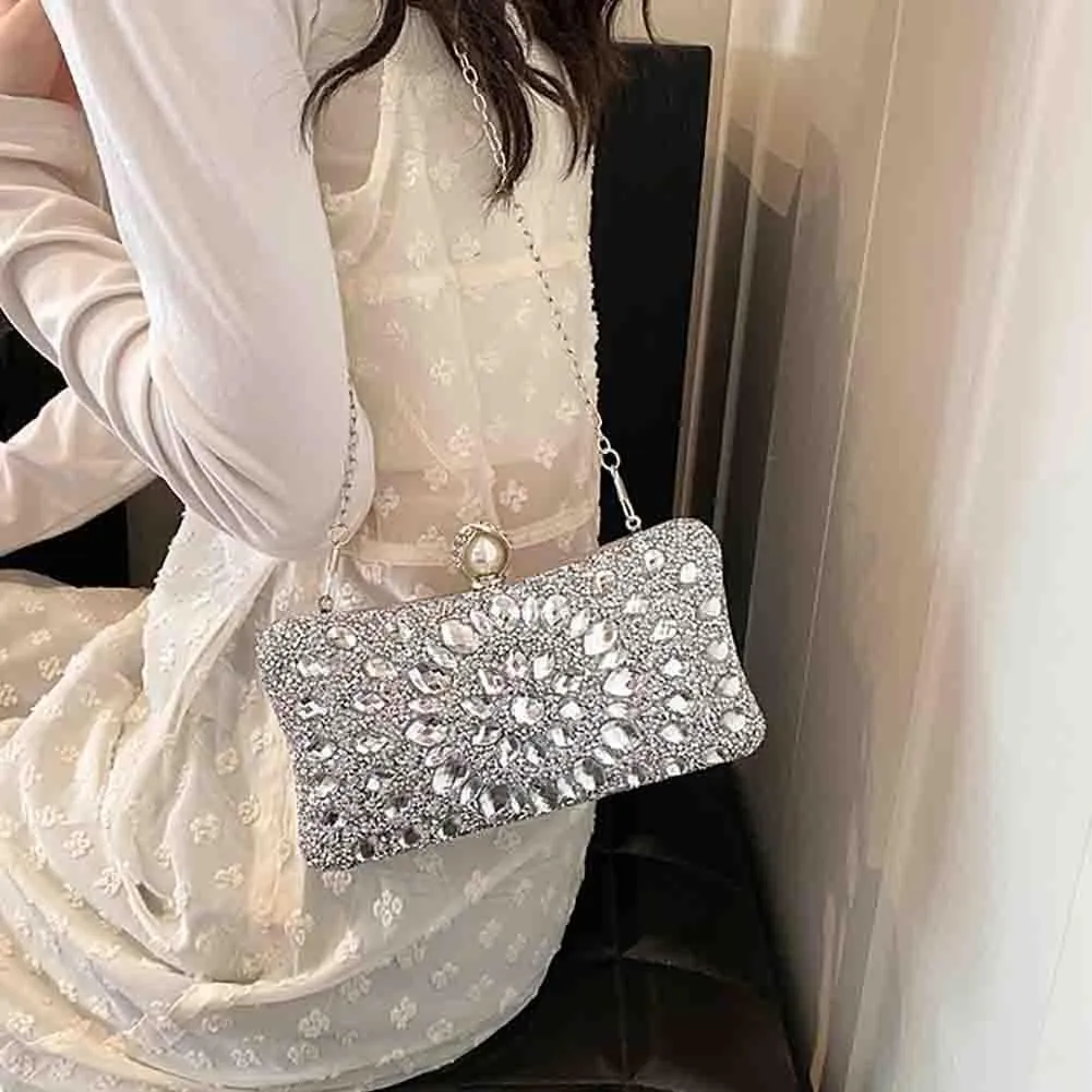 Women's Sparkly Rhinestone Crystal Clutch, Luxury Jewelry Chain Crossbody Bag, Glitter Diamond Wedding Purse for Party Prom