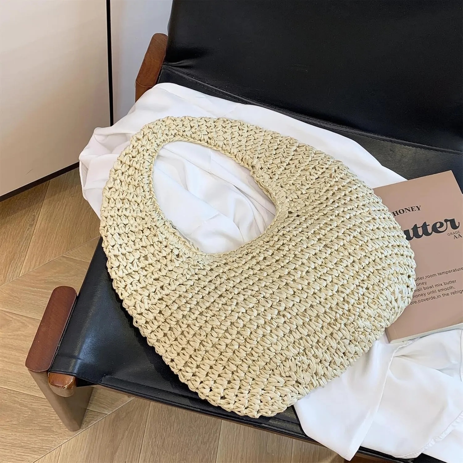 Womens Straw Handbags Beach Woven Shoulder Hobo Bags Casual Straw Crescent Bags