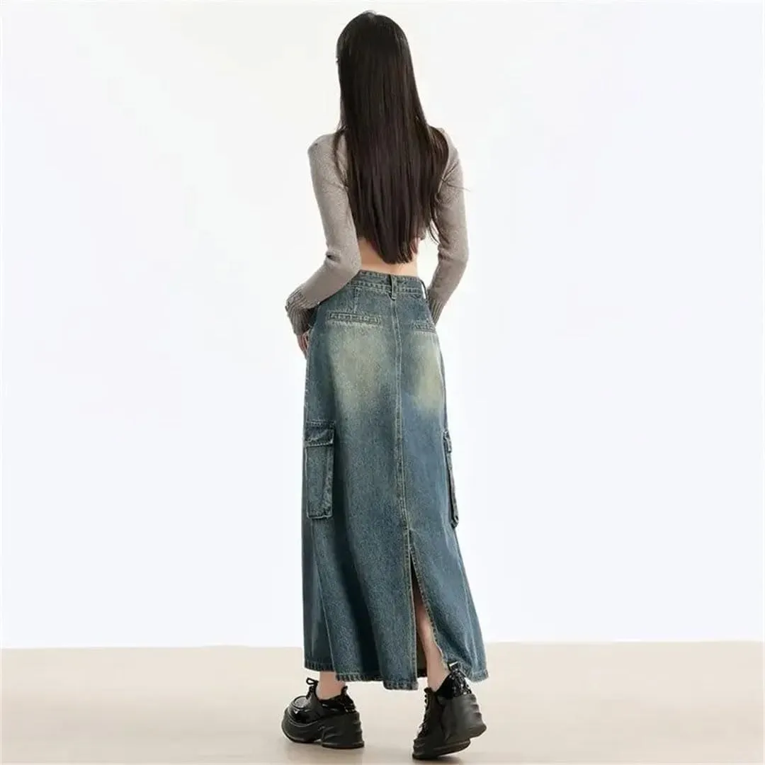 Women's Style High-Waisted Slimming Denim Side Slit Multiple Pockets Vintage Skirt