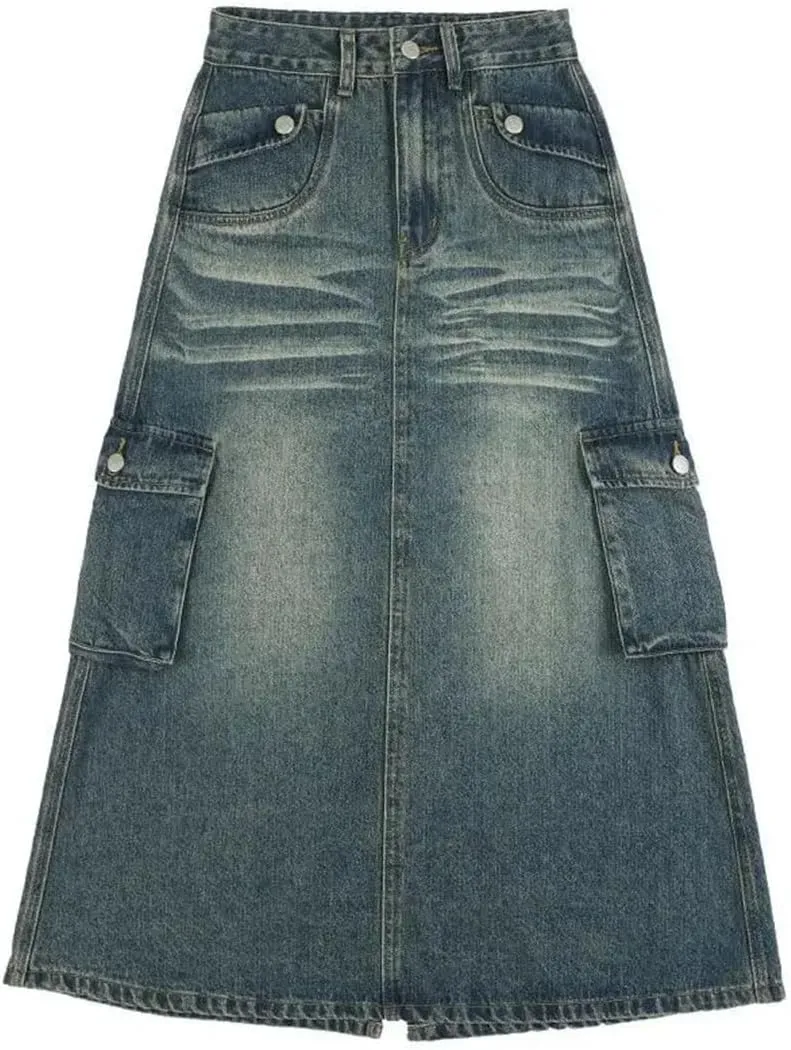 Women's Style High-Waisted Slimming Denim Side Slit Multiple Pockets Vintage Skirt