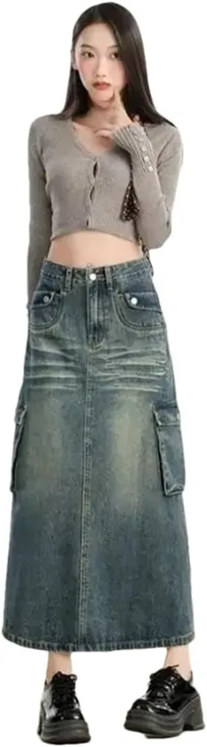 Women's Style High-Waisted Slimming Denim Side Slit Multiple Pockets Vintage Skirt