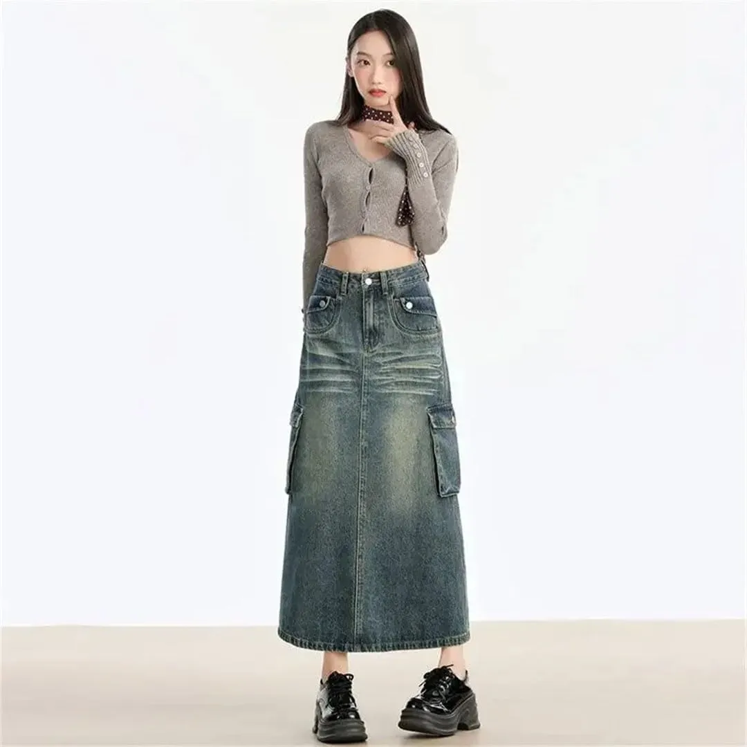 Women's Style High-Waisted Slimming Denim Side Slit Multiple Pockets Vintage Skirt