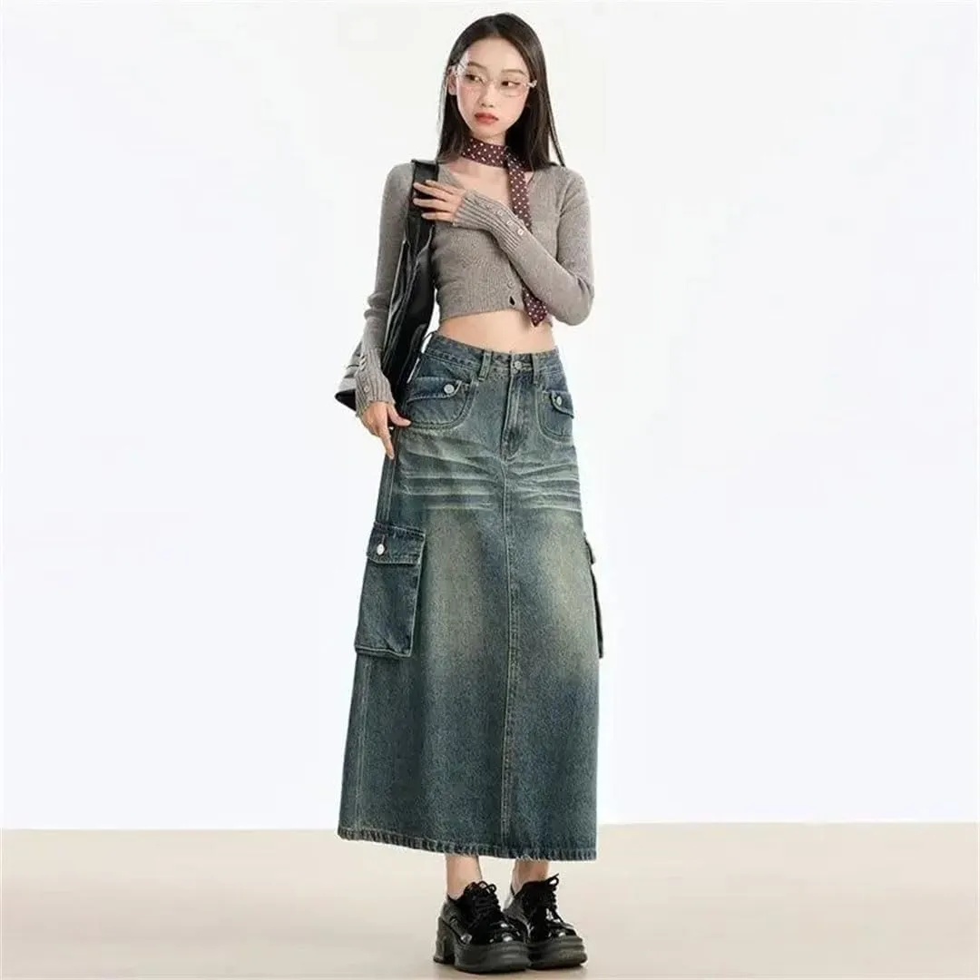 Women's Style High-Waisted Slimming Denim Side Slit Multiple Pockets Vintage Skirt
