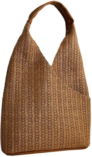 Women's Summer Beach Woven Straw Shoulder Bucket Hobo Handbags Large Totes with Top Handle and Net Design