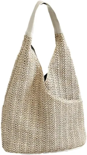 Women's Summer Beach Woven Straw Shoulder Bucket Hobo Handbags Large Totes with Top Handle and Net Design