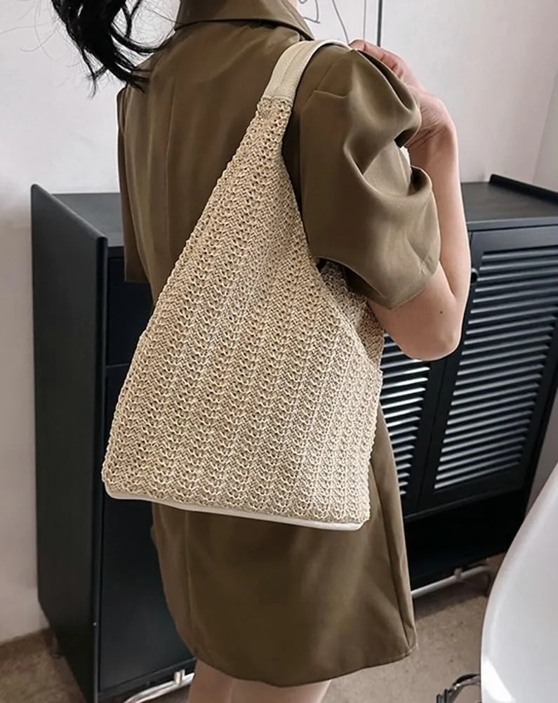 Women's Summer Beach Woven Straw Shoulder Bucket Hobo Handbags Large Totes with Top Handle and Net Design