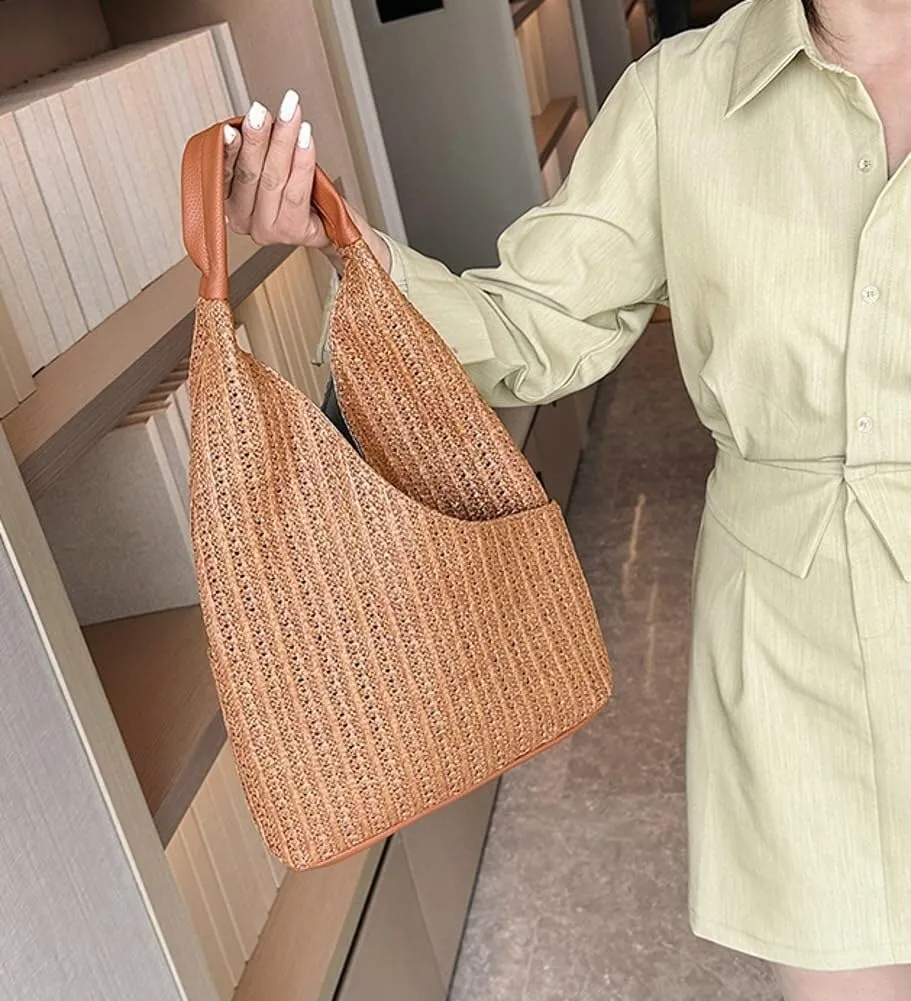 Women's Summer Beach Woven Straw Shoulder Bucket Hobo Handbags Large Totes with Top Handle and Net Design
