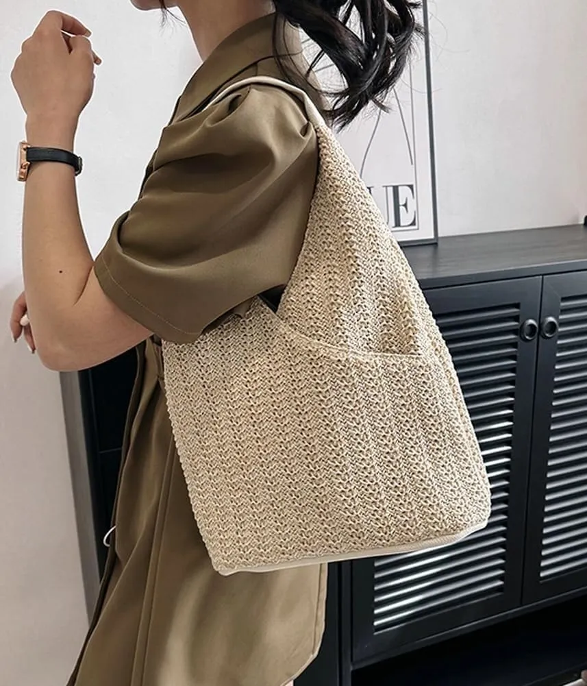 Women's Summer Beach Woven Straw Shoulder Bucket Hobo Handbags Large Totes with Top Handle and Net Design
