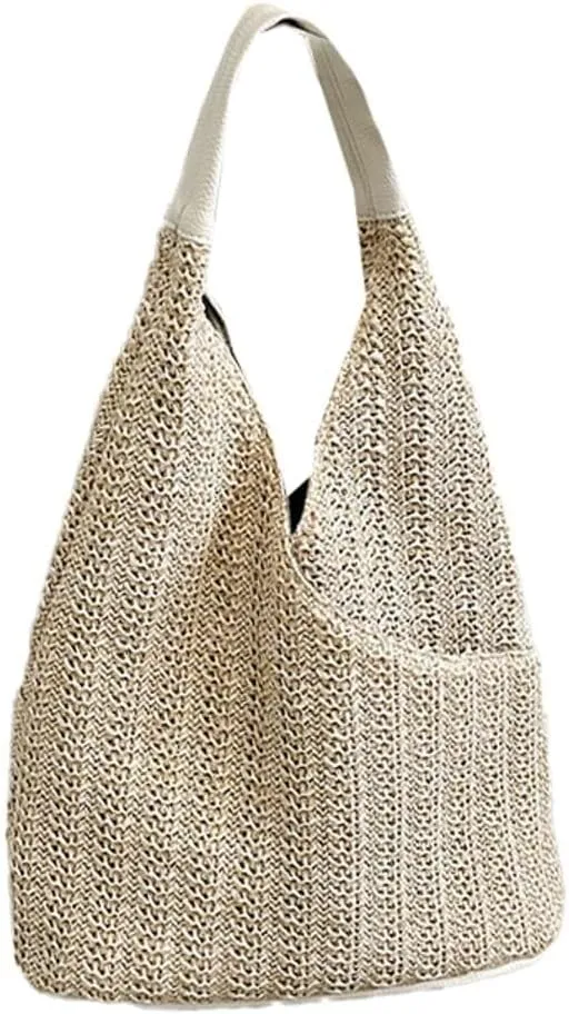 Women's Summer Beach Woven Straw Shoulder Bucket Hobo Handbags Large Totes with Top Handle and Net Design