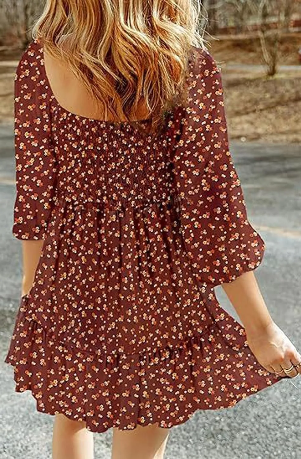 Women's Summer Casual Dresses Boho Floral Square Neck Smocked Swing Pleated Ruffle Beach Mini Babydoll Dress