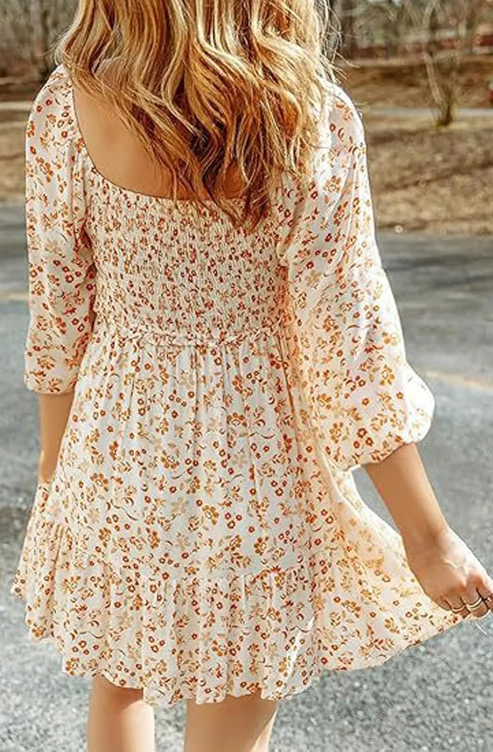 Women's Summer Casual Dresses Boho Floral Square Neck Smocked Swing Pleated Ruffle Beach Mini Babydoll Dress