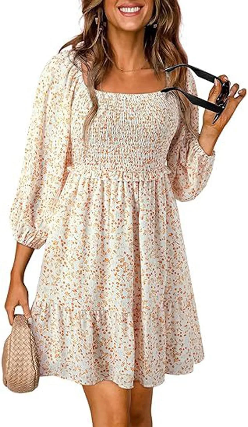 Women's Summer Casual Dresses Boho Floral Square Neck Smocked Swing Pleated Ruffle Beach Mini Babydoll Dress