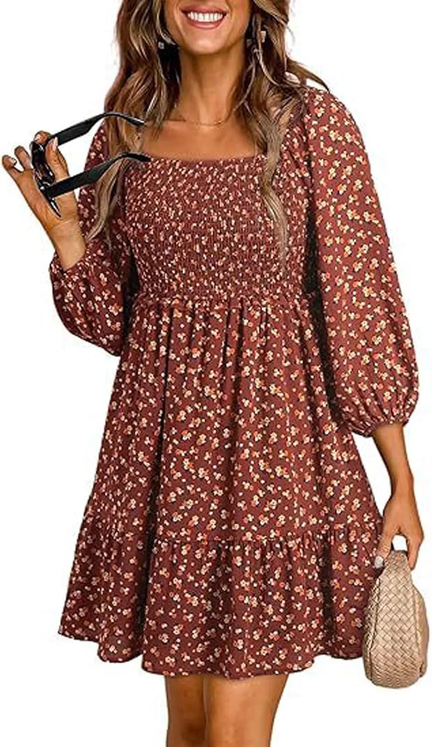 Women's Summer Casual Dresses Boho Floral Square Neck Smocked Swing Pleated Ruffle Beach Mini Babydoll Dress
