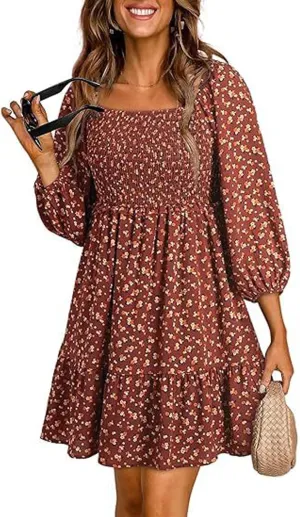 Women's Summer Casual Dresses Boho Floral Square Neck Smocked Swing Pleated Ruffle Beach Mini Babydoll Dress