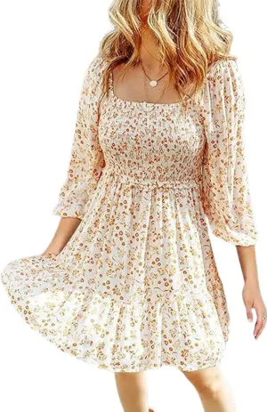 Women's Summer Casual Dresses Boho Floral Square Neck Smocked Swing Pleated Ruffle Beach Mini Babydoll Dress