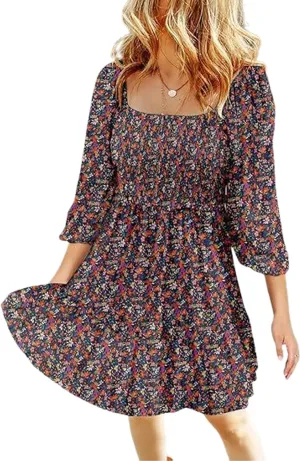 Women's Summer Casual Dresses Boho Floral Square Neck Smocked Swing Pleated Ruffle Beach Mini Babydoll Dress