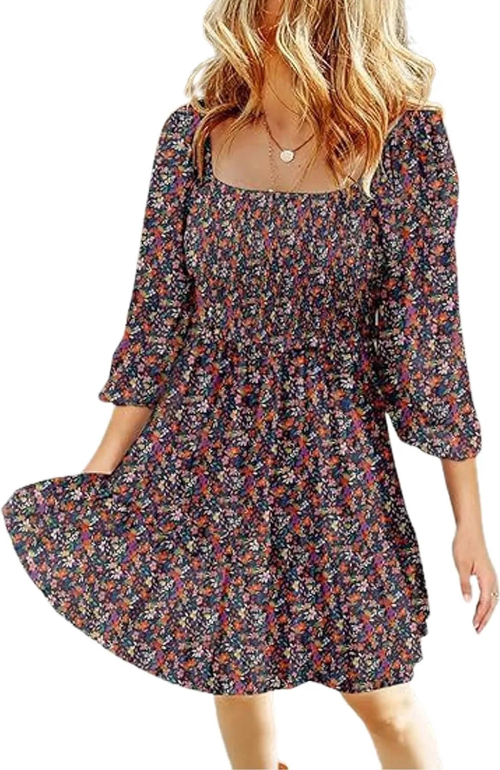 Women's Summer Casual Dresses Boho Floral Square Neck Smocked Swing Pleated Ruffle Beach Mini Babydoll Dress