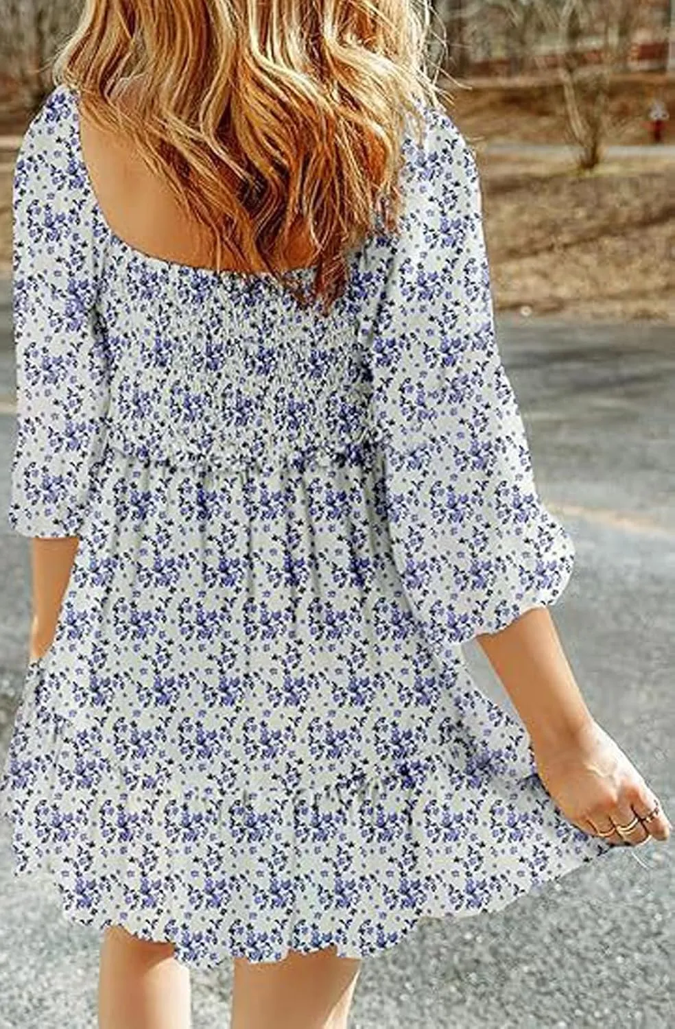 Women's Summer Casual Dresses Boho Floral Square Neck Smocked Swing Pleated Ruffle Beach Mini Babydoll Dress