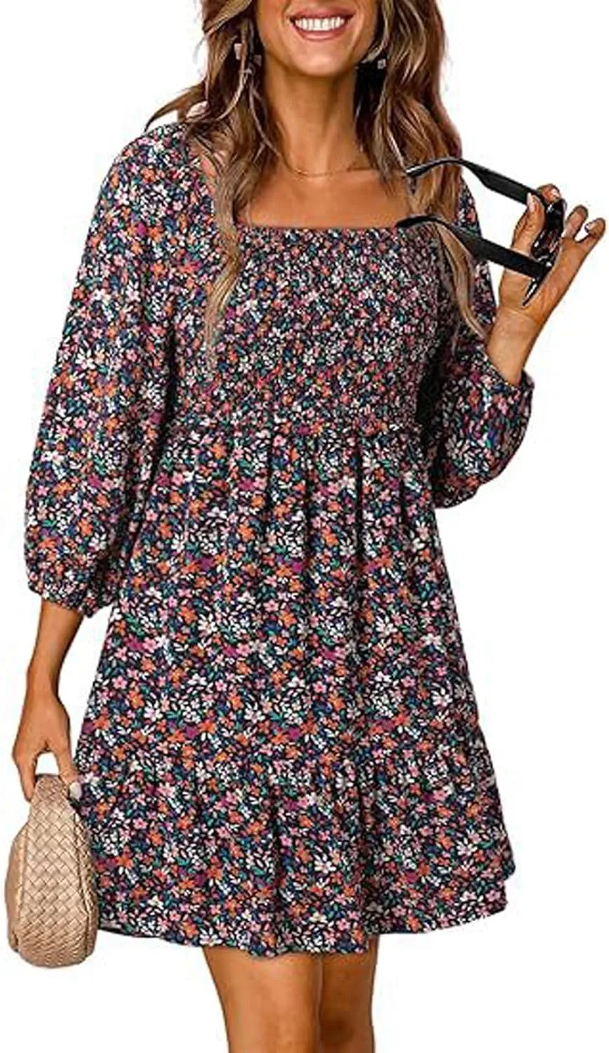 Women's Summer Casual Dresses Boho Floral Square Neck Smocked Swing Pleated Ruffle Beach Mini Babydoll Dress