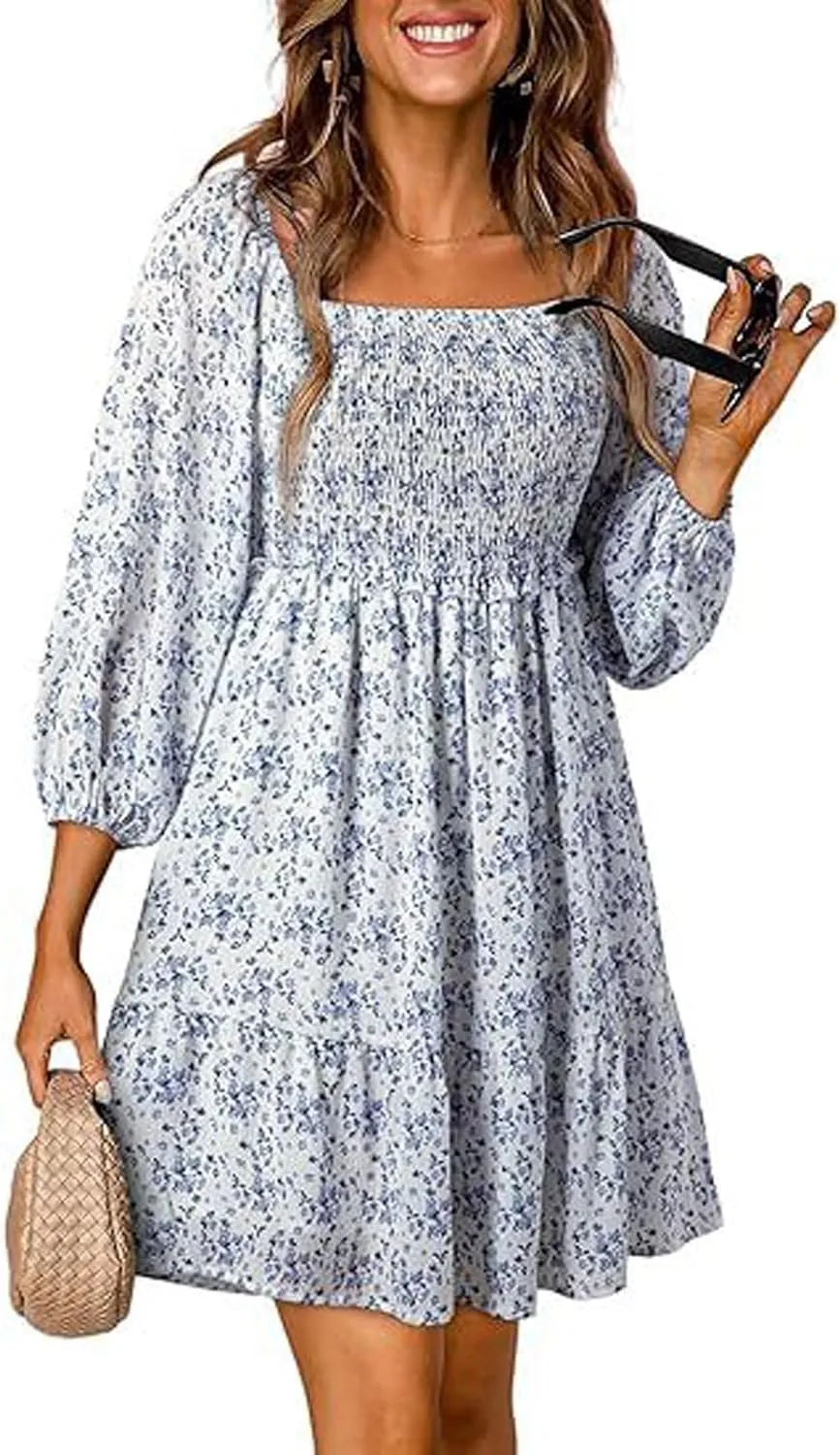 Women's Summer Casual Dresses Boho Floral Square Neck Smocked Swing Pleated Ruffle Beach Mini Babydoll Dress