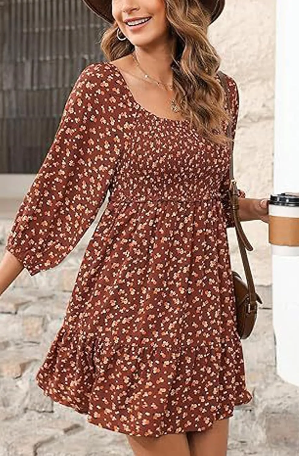 Women's Summer Casual Dresses Boho Floral Square Neck Smocked Swing Pleated Ruffle Beach Mini Babydoll Dress