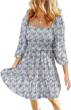 Women's Summer Casual Dresses Boho Floral Square Neck Smocked Swing Pleated Ruffle Beach Mini Babydoll Dress