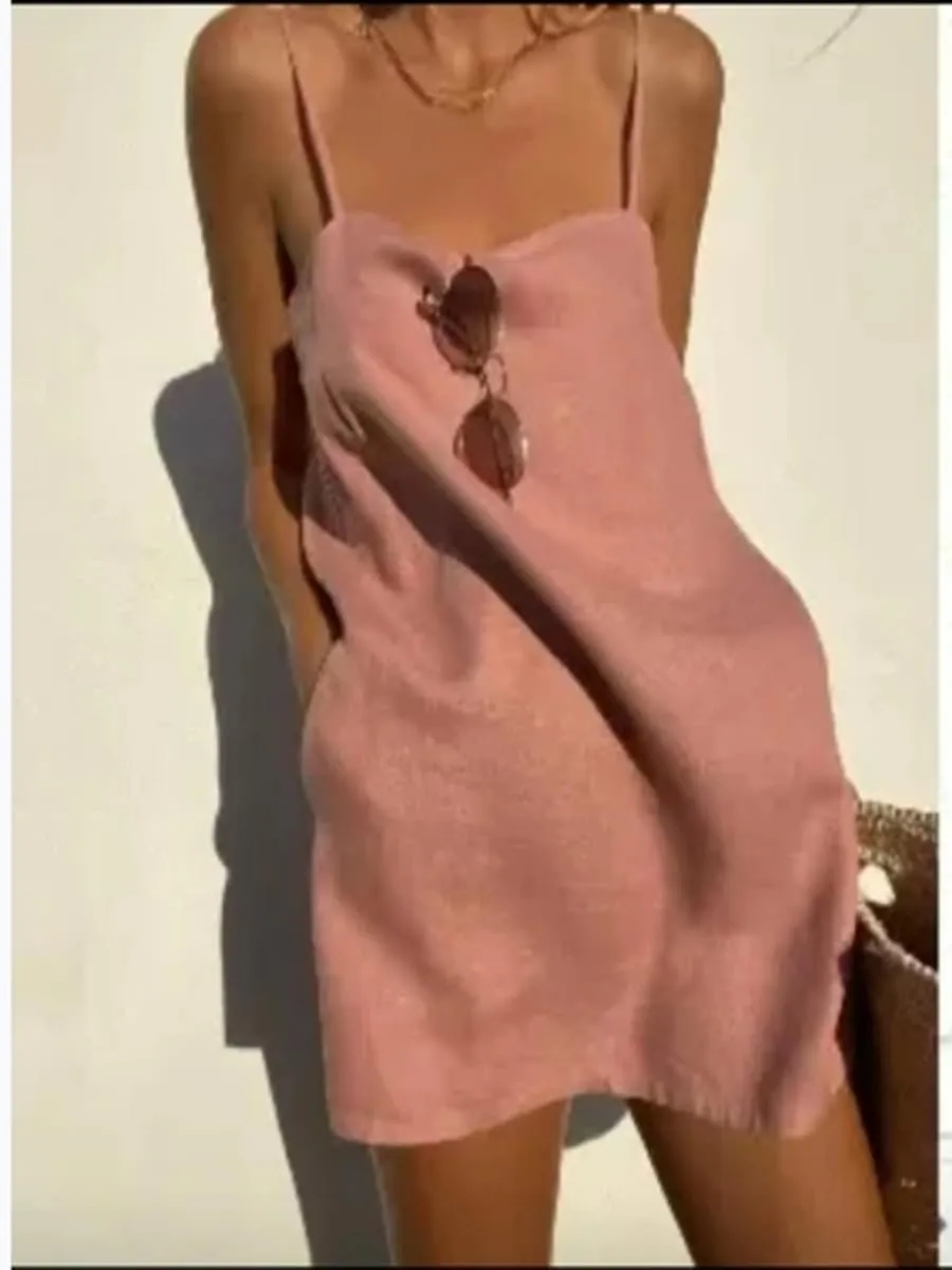 Womens Summer Cotton Linen Spaghetti Strap Mini Dresses Backless Sleeveless Beach Vacation Short Sundress