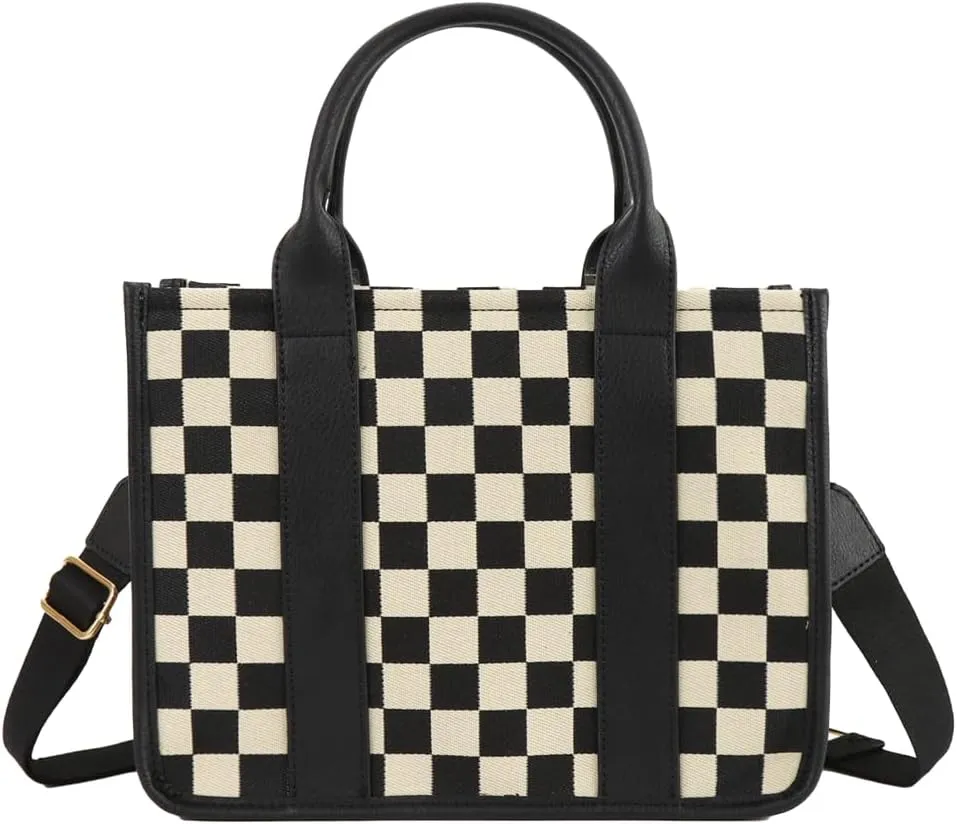 Womens Trendy Vegan Leather Tote Bag Large Checkered Shoulder Crossbody Purse Top Handle Handbags Work Travel Satchels