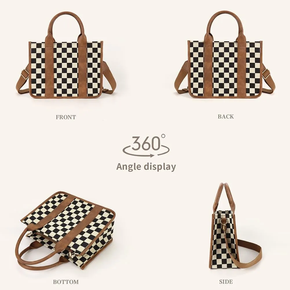 Womens Trendy Vegan Leather Tote Bag Large Checkered Shoulder Crossbody Purse Top Handle Handbags Work Travel Satchels