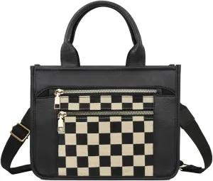 Womens Trendy Vegan Leather Tote Bag Large Checkered Shoulder Crossbody Purse Top Handle Handbags Work Travel Satchels