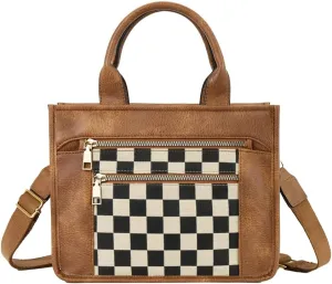 Womens Trendy Vegan Leather Tote Bag Large Checkered Shoulder Crossbody Purse Top Handle Handbags Work Travel Satchels