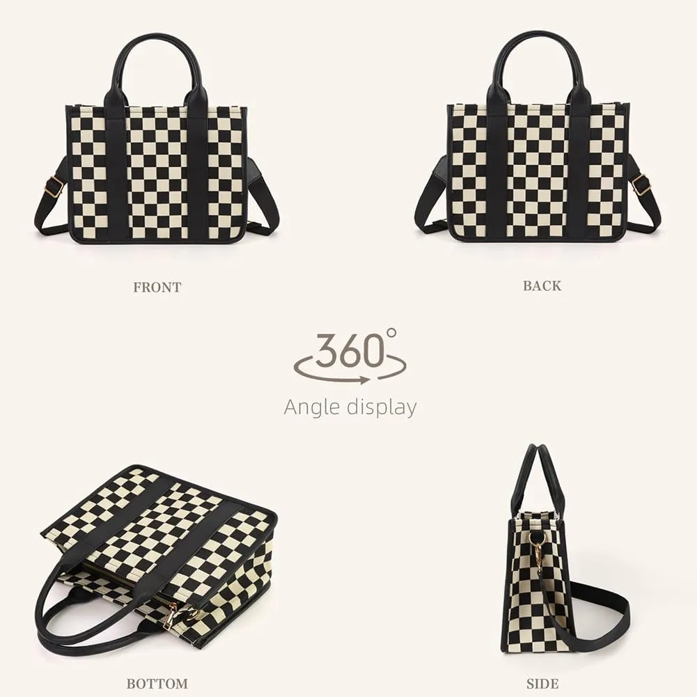 Womens Trendy Vegan Leather Tote Bag Large Checkered Shoulder Crossbody Purse Top Handle Handbags Work Travel Satchels