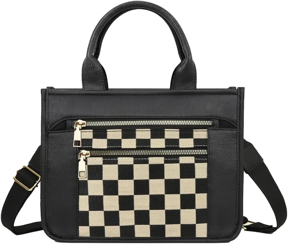 Womens Trendy Vegan Leather Tote Bag Large Checkered Shoulder Crossbody Purse Top Handle Handbags Work Travel Satchels