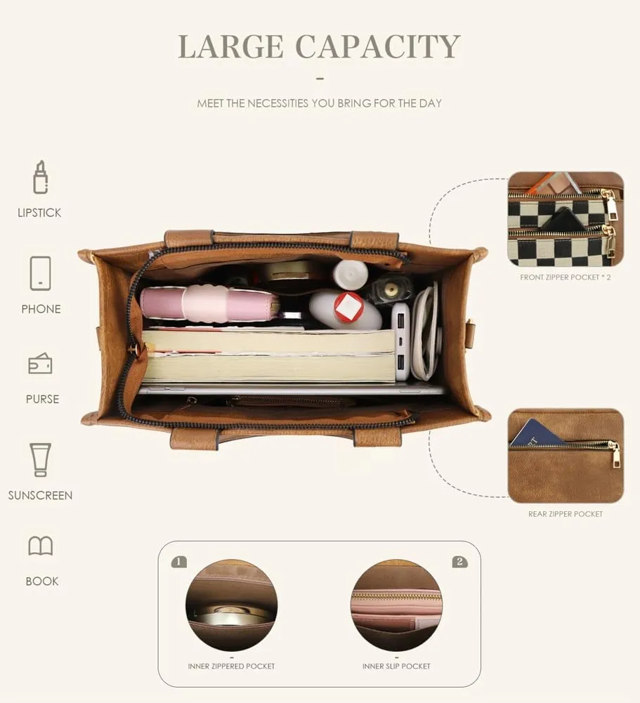 Womens Trendy Vegan Leather Tote Bag Large Checkered Shoulder Crossbody Purse Top Handle Handbags Work Travel Satchels